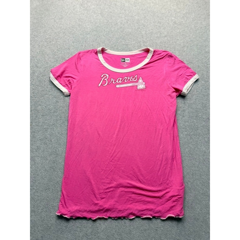 New Era Atlanta Braves MLB Pink Ringer T-Shirt Glitter Tomahawk Logo Sz 14/16